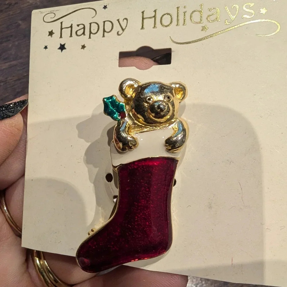 Gold Bear Christmas Stocking Brooch